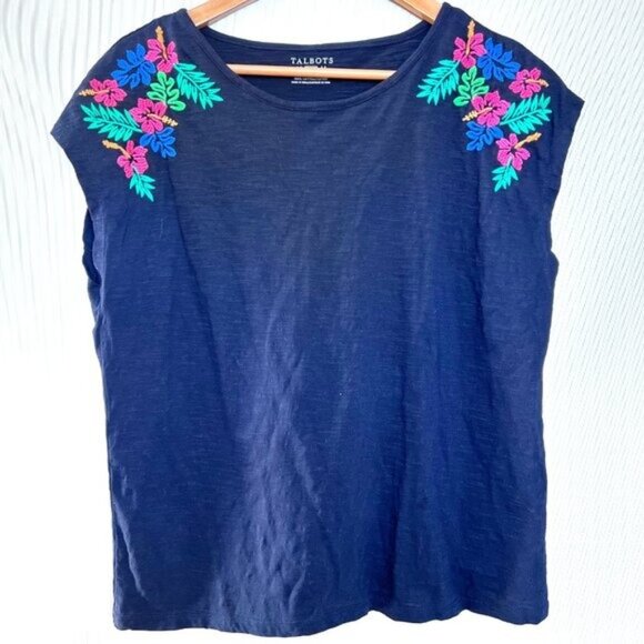 Talbots Petites Navy Embroidered Cap Sleeve T-Shirt Lp 100% Cotton, Large Petite - Picture 3 of 9